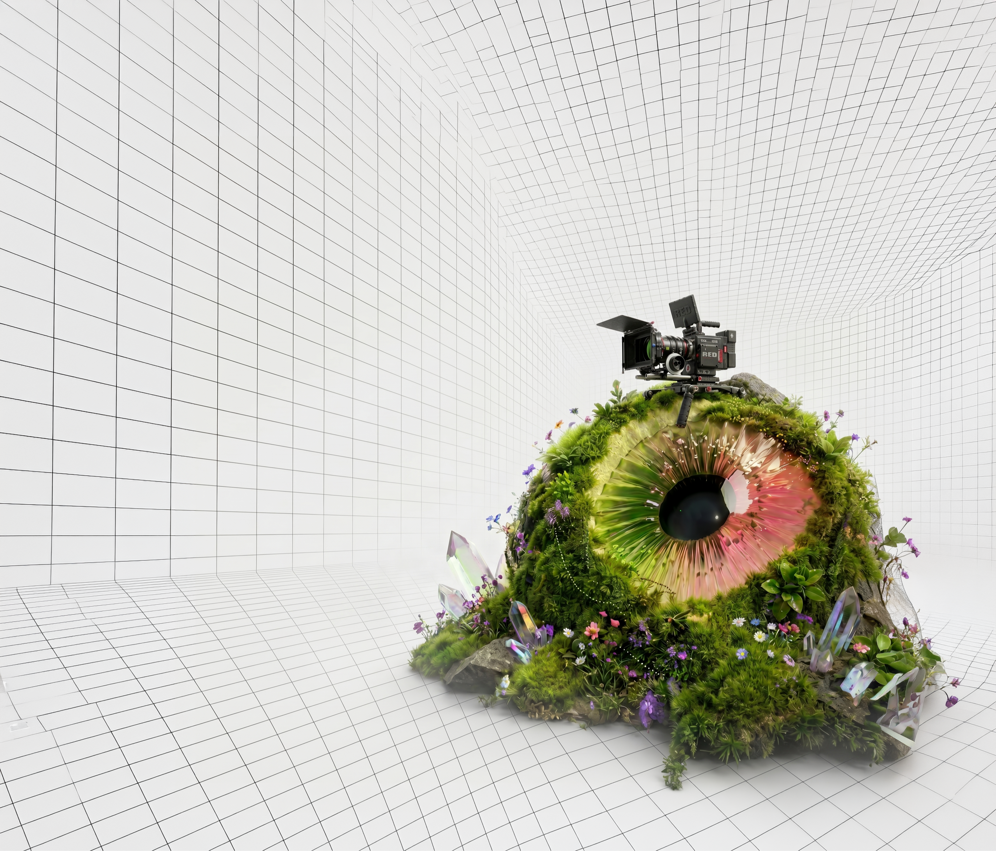 Creative 3D nature eye with moss and editing tools